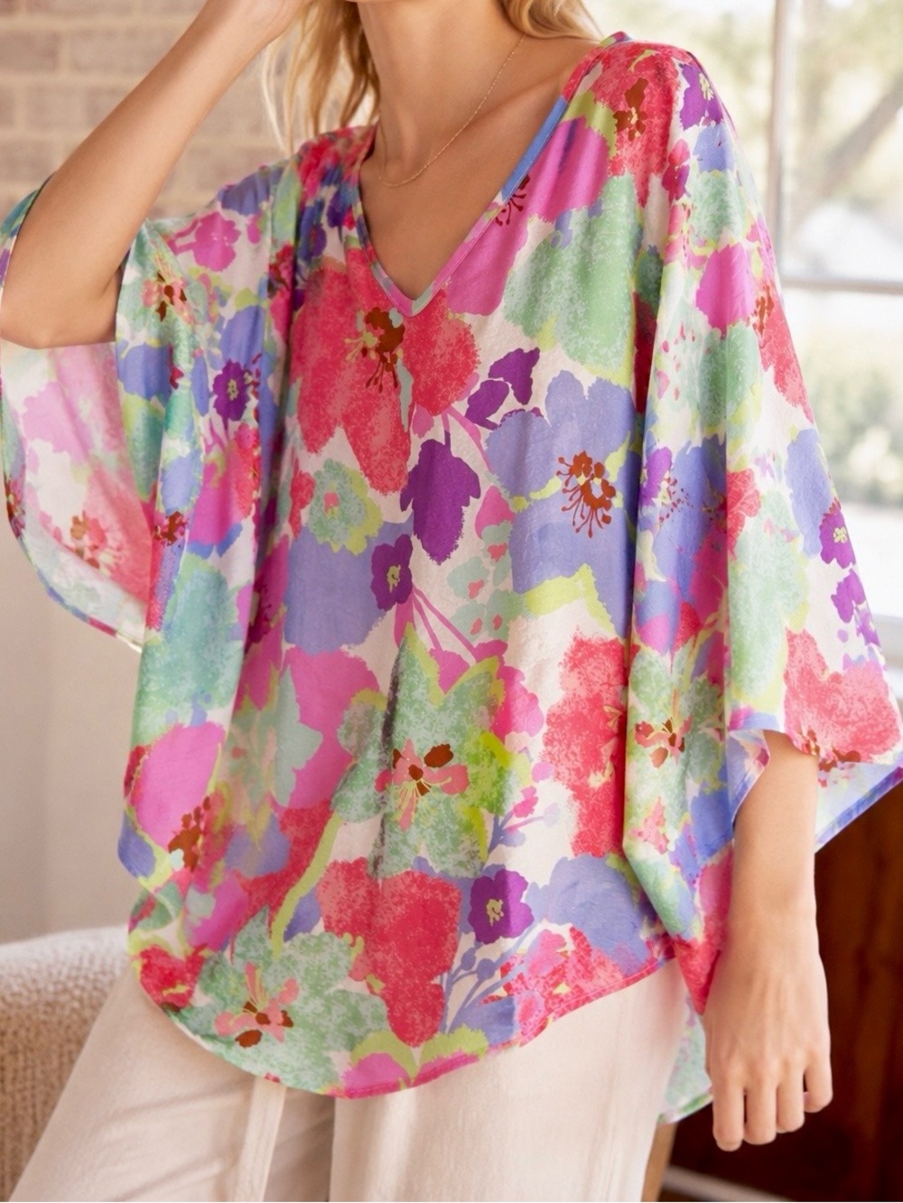 Cream & Sugar Women’s Bright Floral Multicolor Oversized Tunic Blouse sz Large